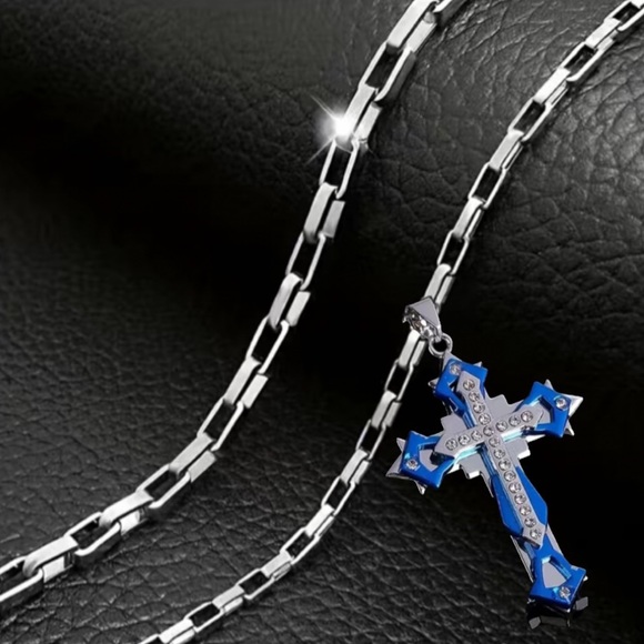 Men’s Diamond Blue & Silver Toned Cross Necklace - Picture 2 of 2
